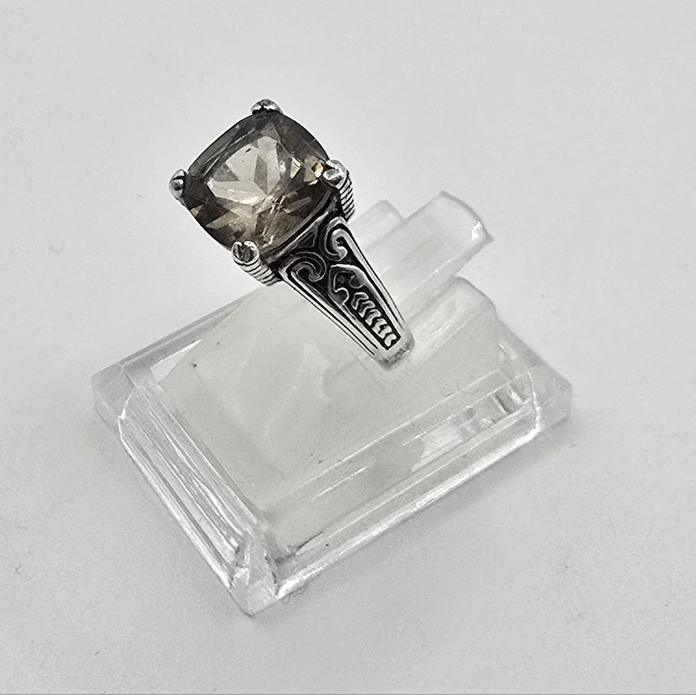 Vintage Smokey Topaz 10 mm square 925 Sterling Silver Solitaire Band Ring size 7